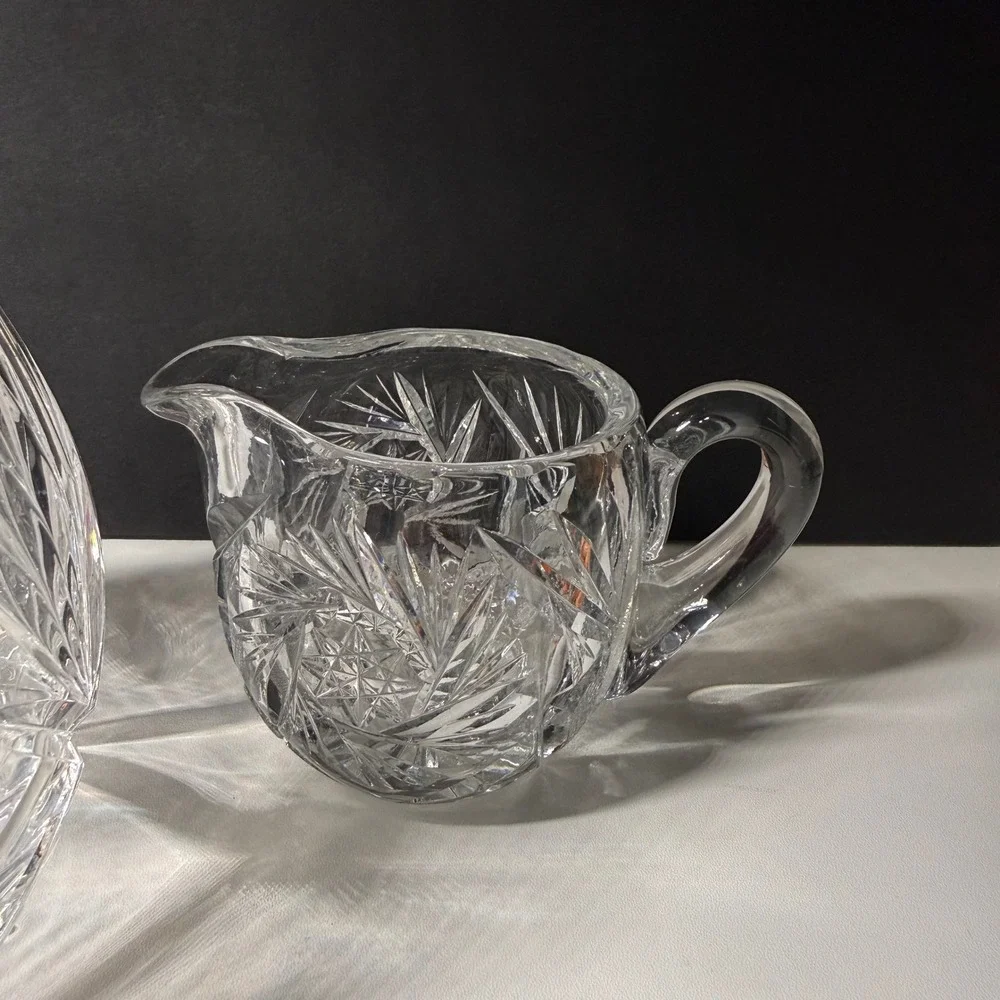 American Brilliant Vintage Pinwheel Cut Crystal Decanter Set Creamer Sugar Bowl